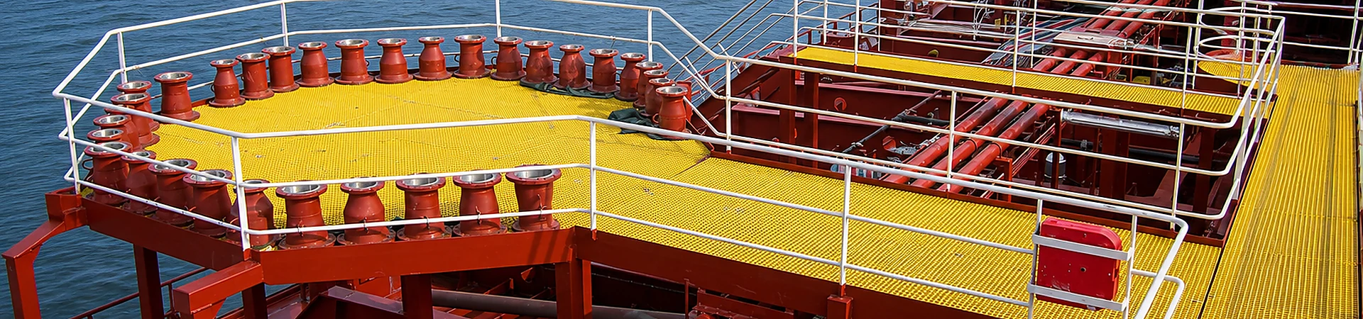 FRP grating walkway shown in a marine platform environment for dock selection guidance