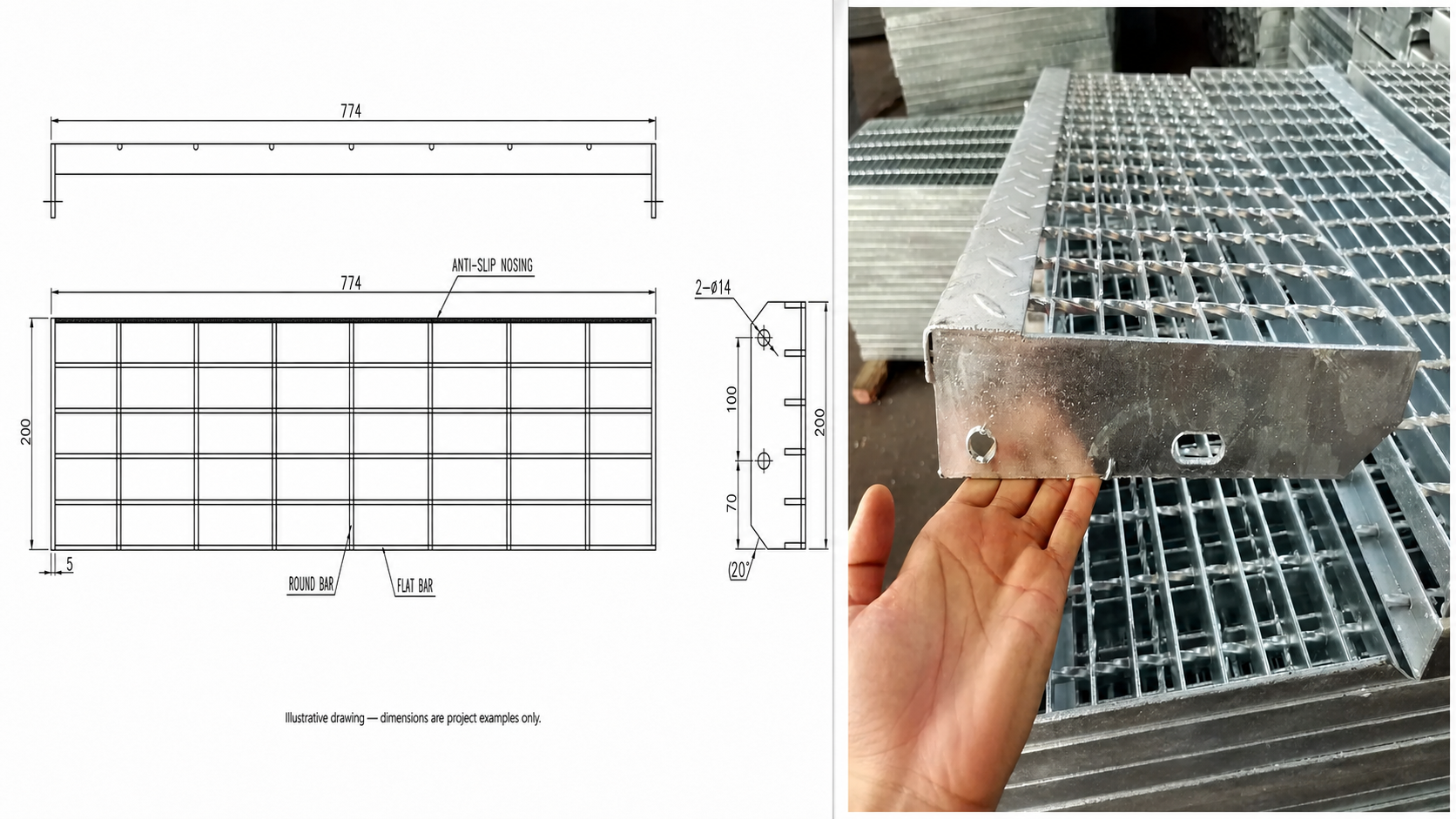Privacy-safe steel grating stair tread drawing beside a real QY galvanized grating tread for submittal review